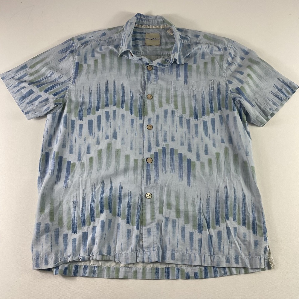 Tommy Bahama Button Up Shirt Mens XL Silk Blend Striped Aloha Short Sleeve